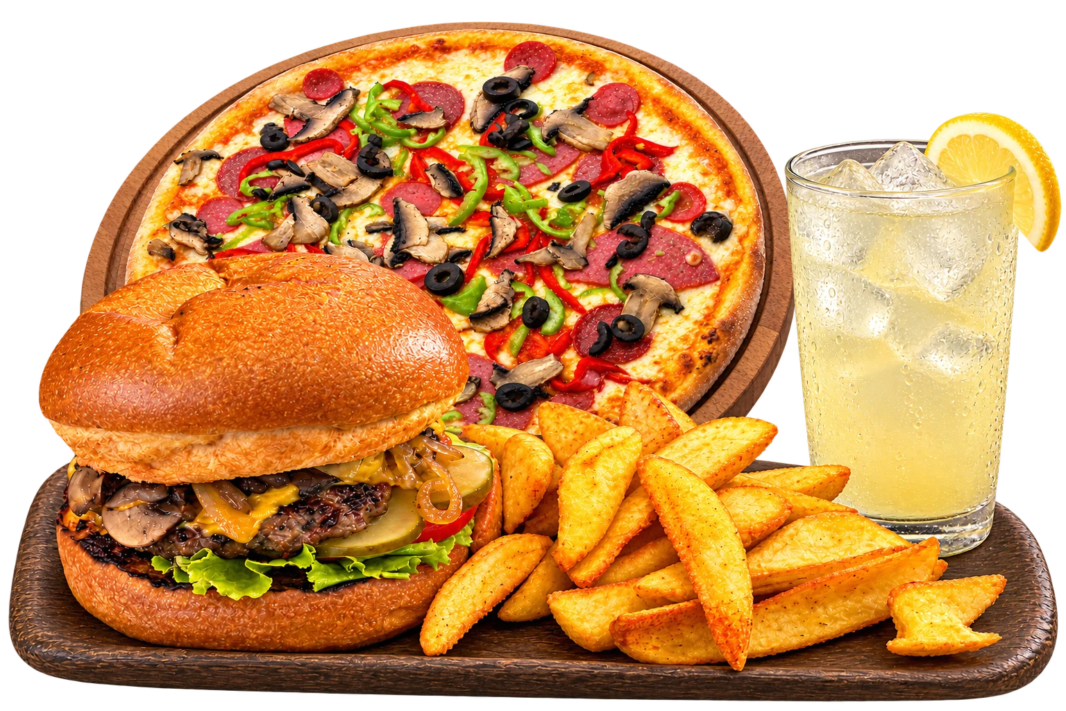 Pizza, burger, patates ve limonatalı reklam kompozisyonu